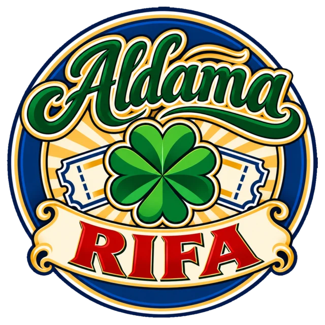 Logo de Aldama Rifa: trébol de cuatro hojas con boletos